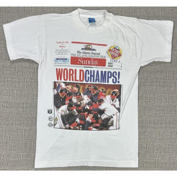 Vintage Atlanta Braves Shirt Mens Medium MLB Newspaper World Champs 1995 90s - Picture 1 of 15
